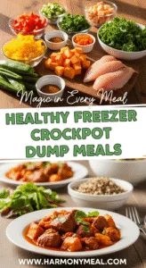 Healthy freezer crockpot dump meals with fresh ingredients and plated dishes