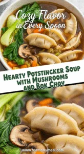Hearty potsticker soup with mushrooms and bok choy close-up textures