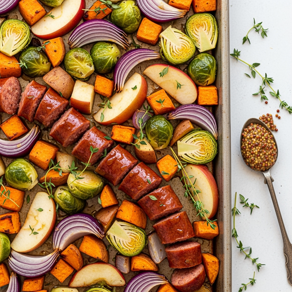 chicken-apple-sausage-sheet-pan Chicken apple sausage sheet pan dinner with sweet potatoes and Brussels sprouts
