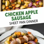 Chicken Apple Sausage Sheet Pan Dinner with sweet potatoes and Brussels sprouts