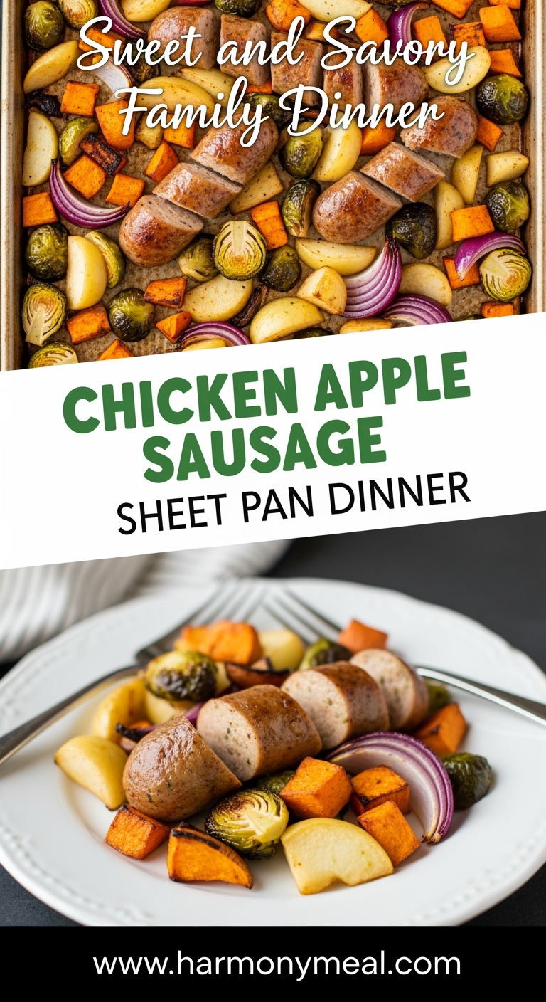 Chicken Apple Sausage Sheet Pan Dinner with sweet potatoes and Brussels sprouts