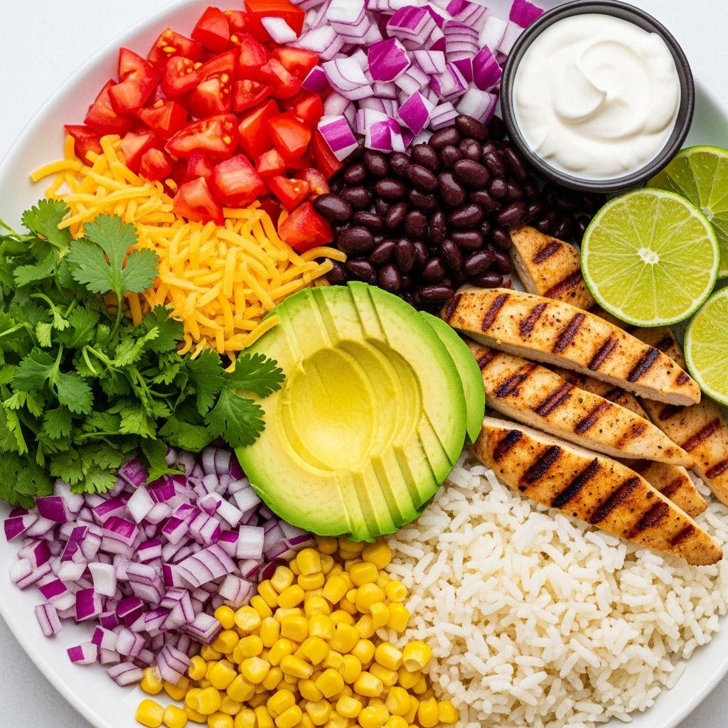 vibrant-avocado-tomato-chicken-rice-closeup Vibrant grilled chicken avocado bowl with fresh vegetables and creamy textures