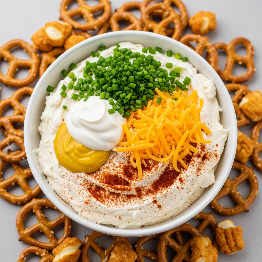 Creamy pretzel dip with chives, cheddar, smoked paprika, and mustard