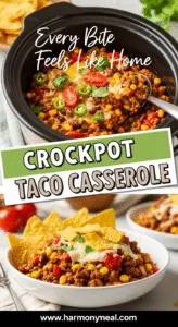 Crockpot Taco Casserole with beef, beans, cheese, and vibrant garnishes