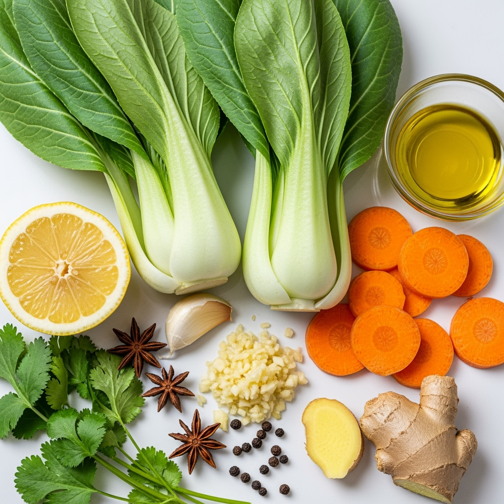 fresh-bokchoy-garlic-carrot-ginger-soup Close-up of fresh bokchoy chicken soup ingredients with vibrant colors