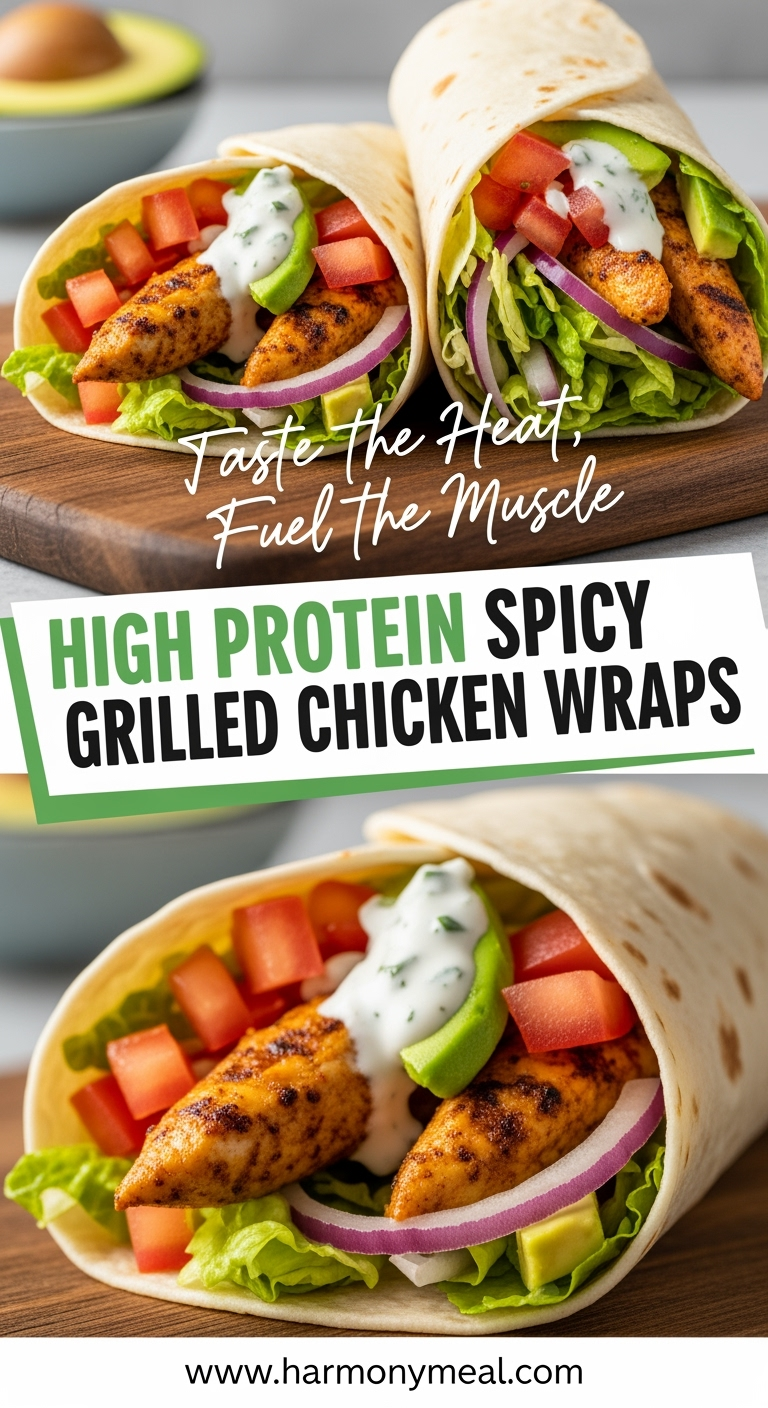 High protein spicy grilled chicken wrap with fresh vibrant fillings