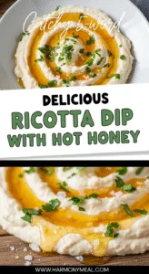 Creamy ricotta dip with hot honey and fresh herbs close-up