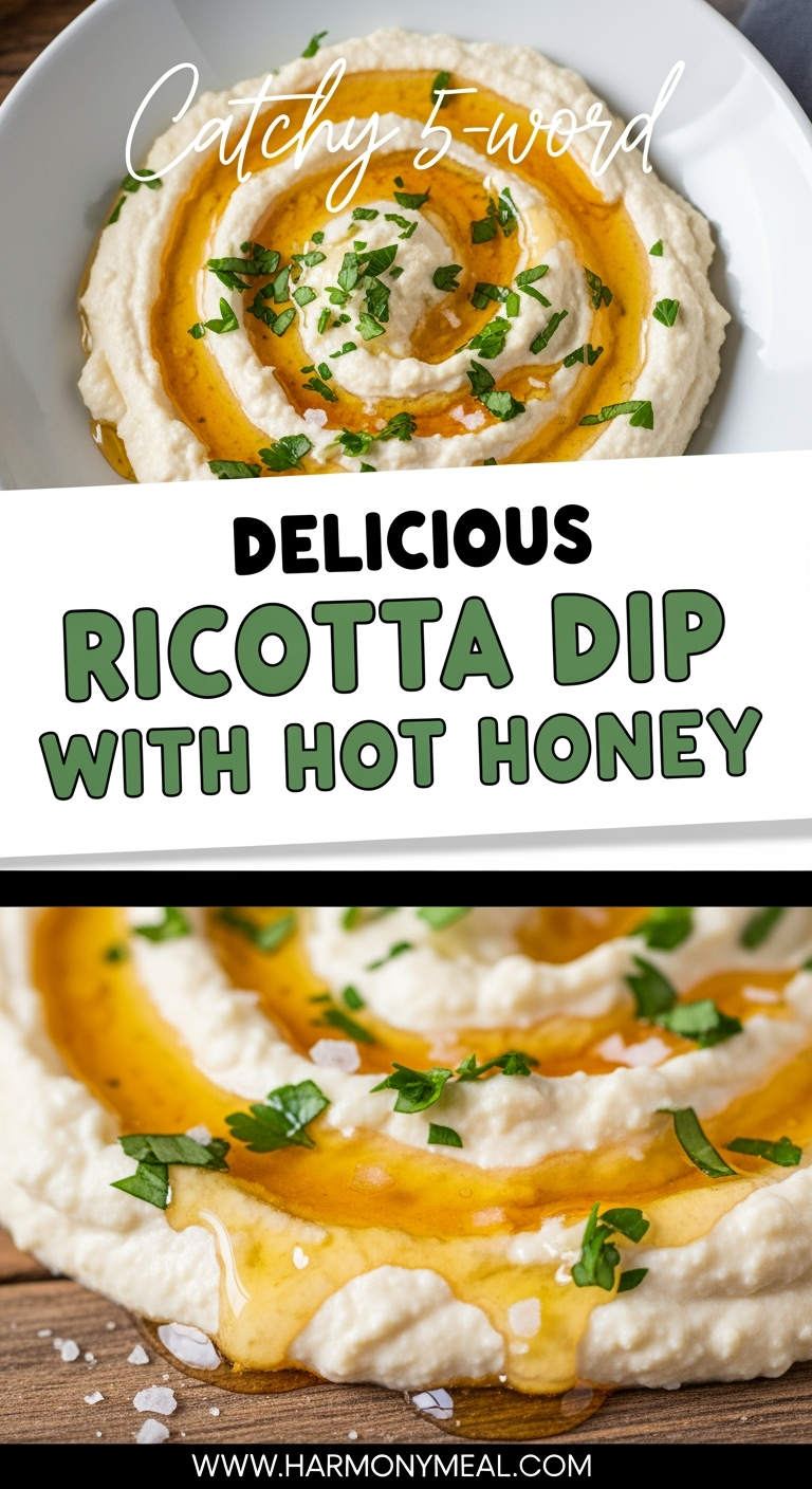 Creamy ricotta dip with hot honey and fresh herbs close-up