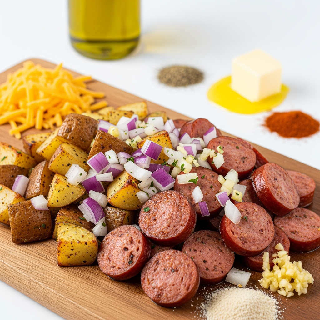 russet-potato-smoked-sausage-cheddar Russet potato cubes with smoked sausage and ranch seasoning close-up