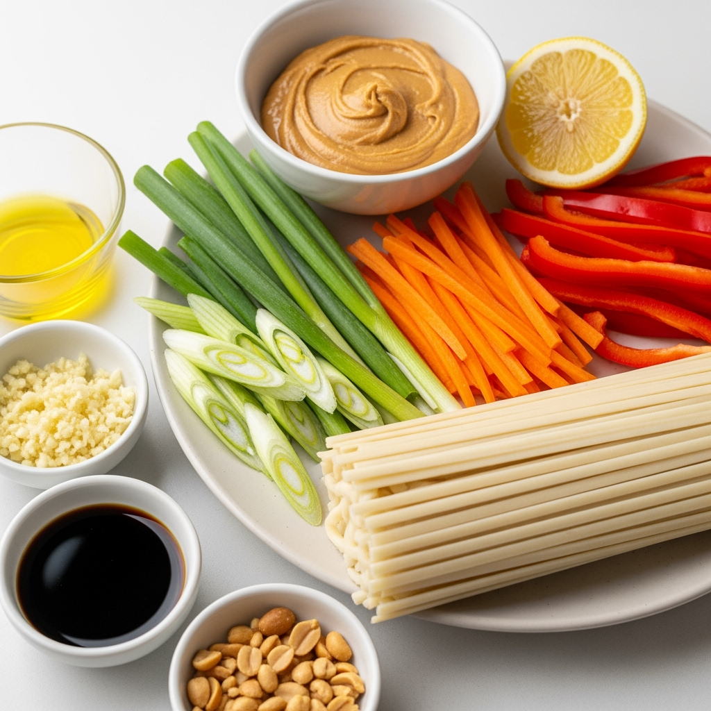 Smooth peanut butter udon recipe with fresh vegetables and flavorful sauces