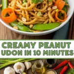 Creamy peanut udon noodles with colorful vegetables and chopped peanuts