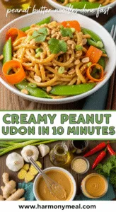 Creamy peanut udon noodles with colorful vegetables and chopped peanuts