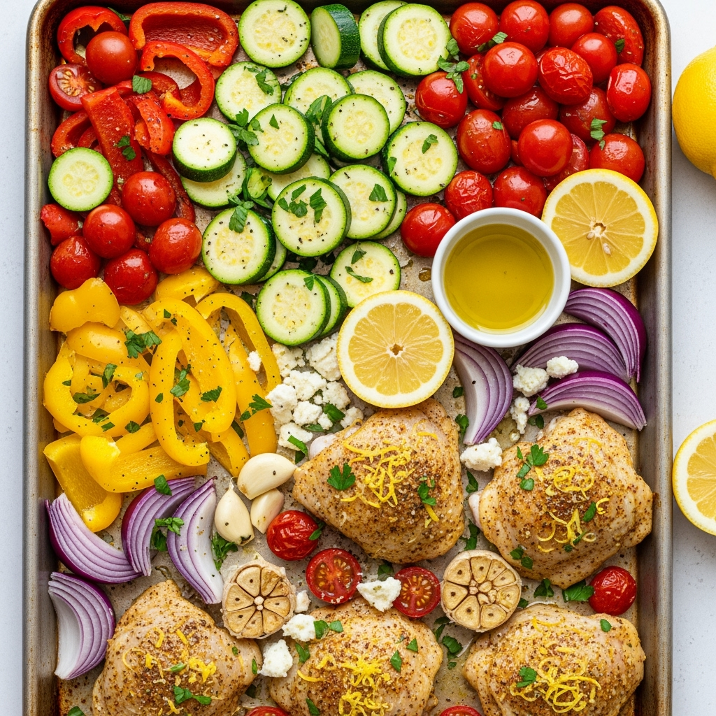 easy-sheet-pan-dinner-fresh-ingredients Easy Sheet Pan Dinner ingredients fresh vibrant colorful natural lighting