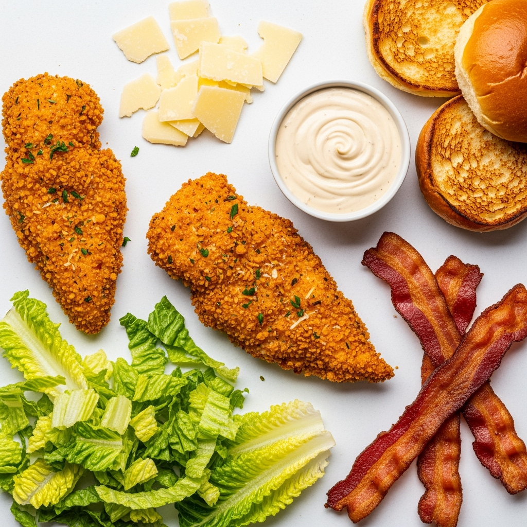 crispy-panko-chicken-caesar-salad Crispy panko chicken Caesar salad with bacon and Parmesan shavings