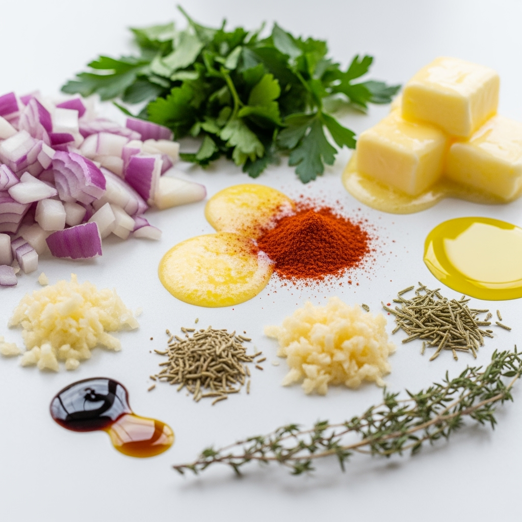 fresh-onion-parsley-butter-paprika-garlic Fresh diced onion with herbs, butter, paprika, garlic, rosemary, thyme, oil