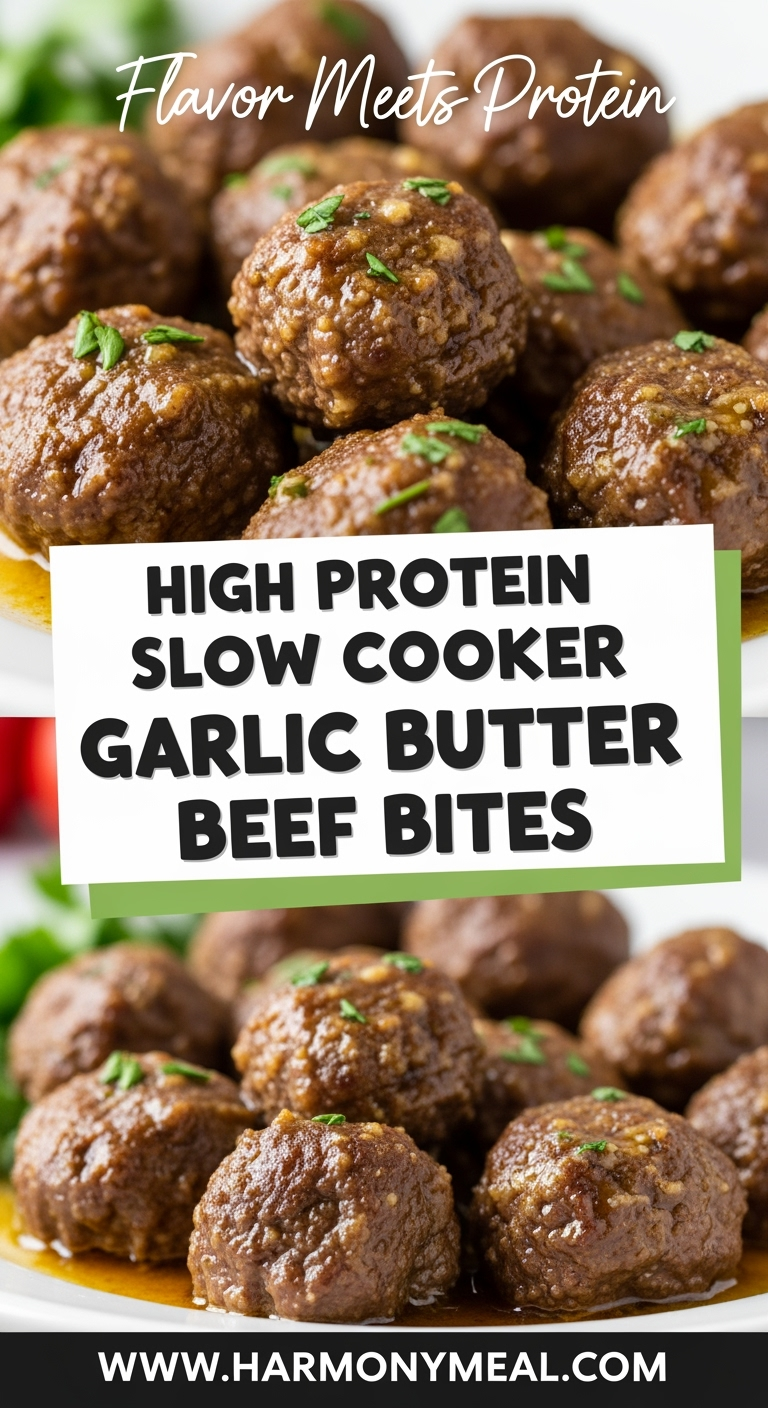 High Protein Slow Cooker Garlic Butter Beef Bites plated appetizingly close-up