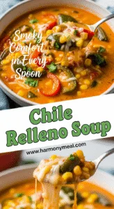 Creamy Chile Relleno Soup with roasted peppers, corn, cheese textures.