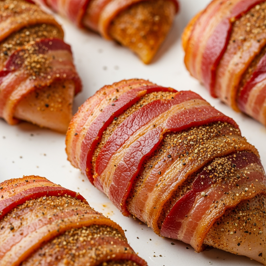 bacon-wrapped-chicken-spices-crispy Juicy boneless chicken breasts wrapped in crispy bacon with spices