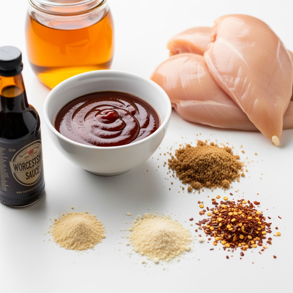 chicken-bbq-sauce-spices-iphone16pro-closeup Close-up fresh boneless chicken breasts with rich BBQ sauce ingredients