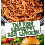Tender shredded crockpot BBQ chicken with rich glossy sauce textures