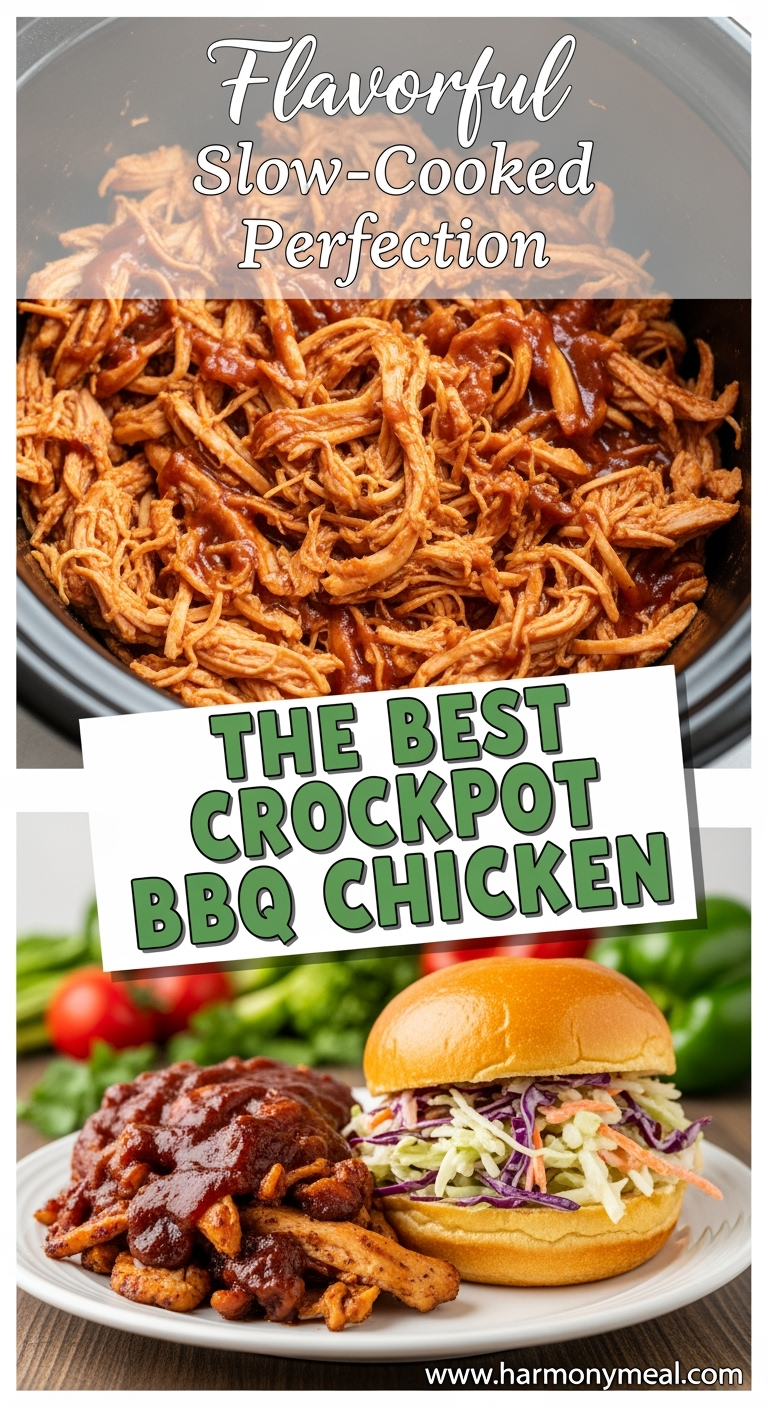Tender shredded crockpot BBQ chicken with rich glossy sauce textures