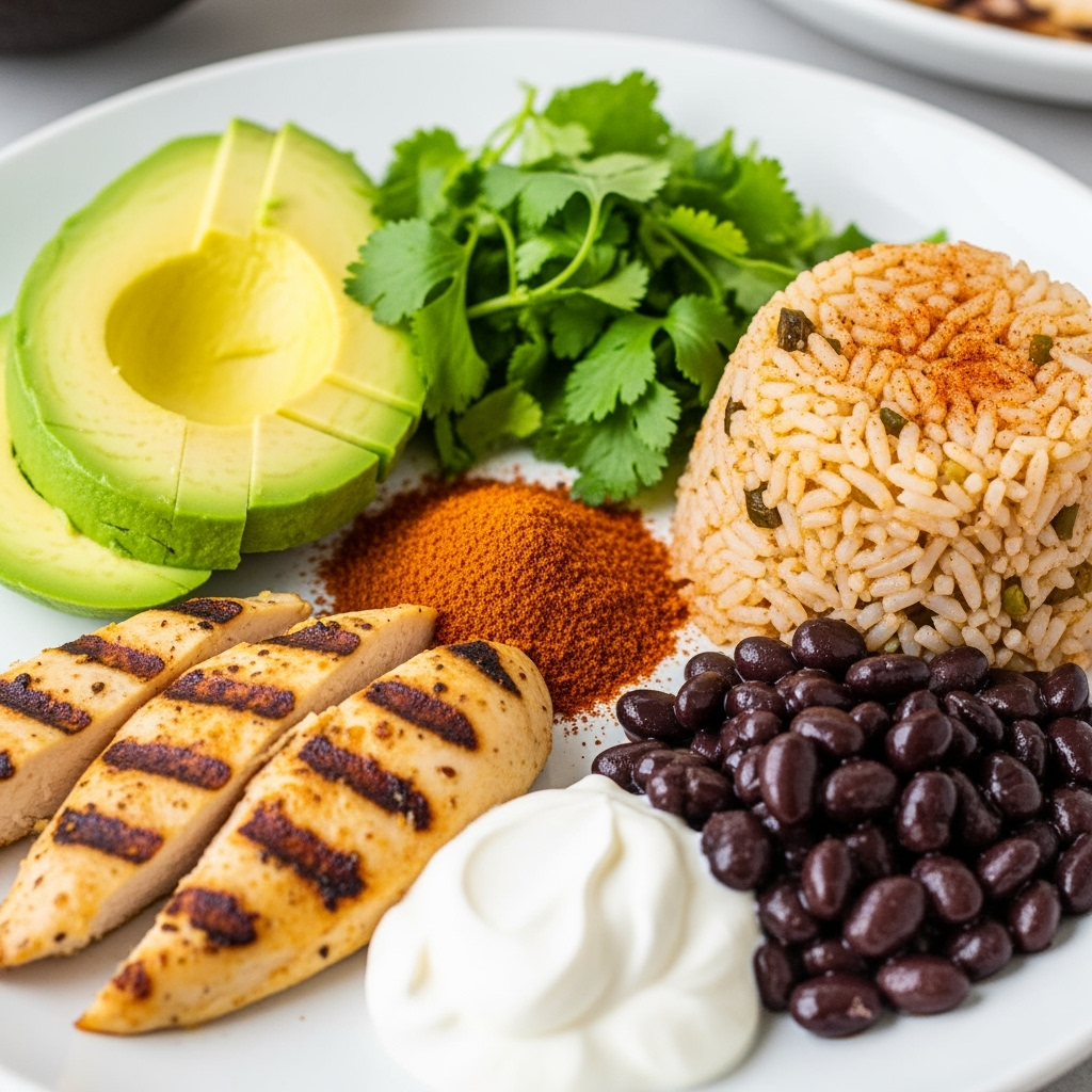 fresh-avocado-chipotle-chicken-cilantro Fresh sliced avocado recipe with chipotle chicken, cilantro, and rice plate