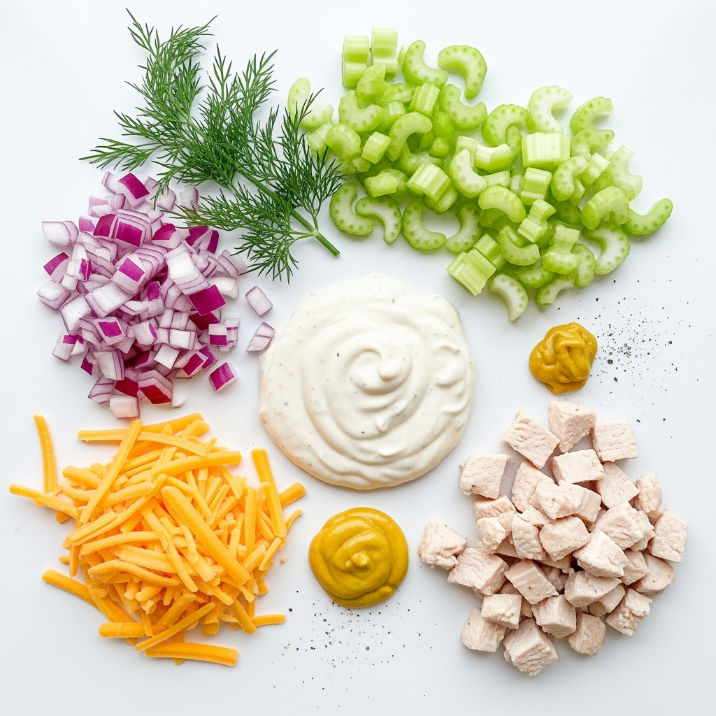 Fresh chicken salad with dill, red onion, celery, cheddar, ranch.