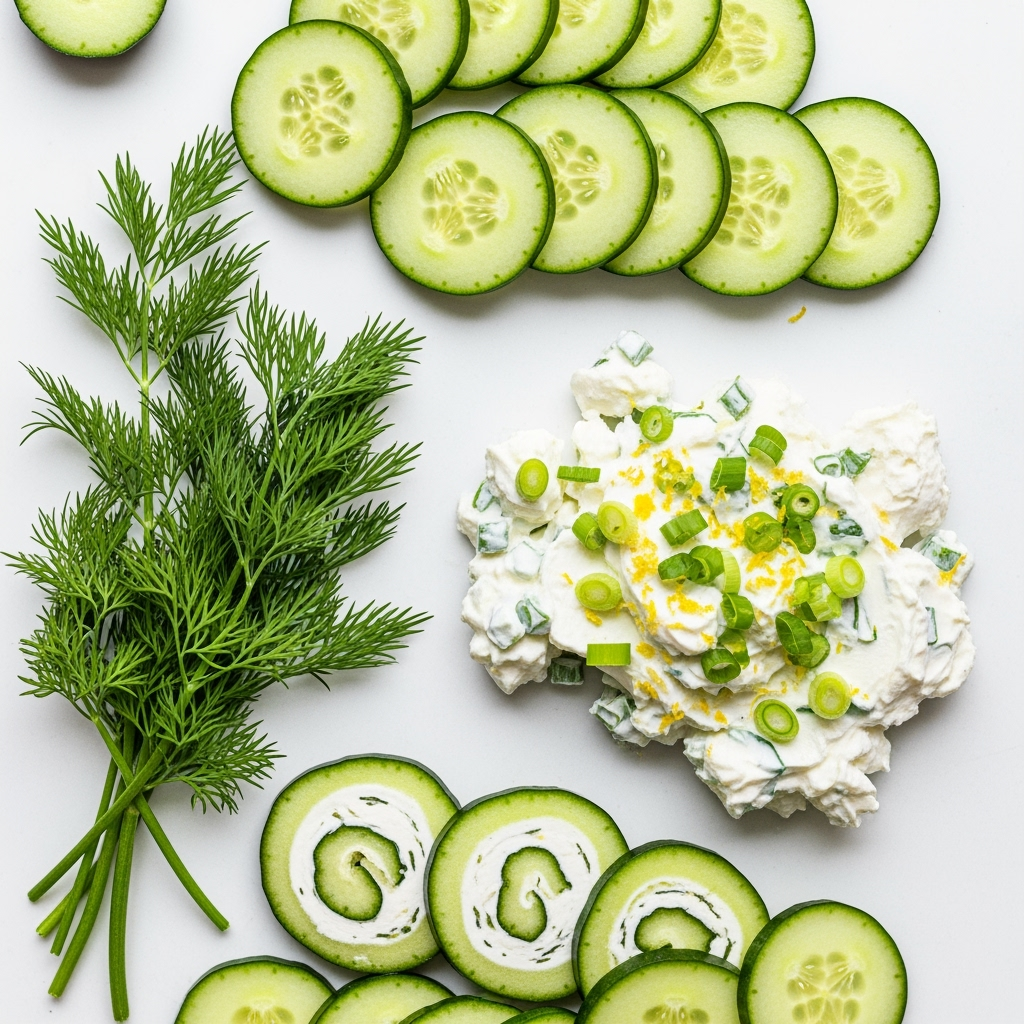 cucumber-dill-cream-cheese-pinwheel-fresh Easy Make-Ahead Cucumber Dill Pinwheel Recipe fresh creamy ingredients top-down