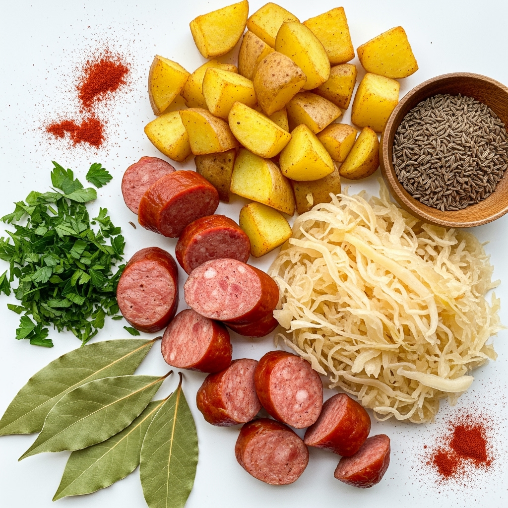 Polish kielbasa recipe close-up with potatoes, sauerkraut, apple, and onions