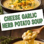 Creamy cheddar garlic herb potato soup garnished with fresh herbs