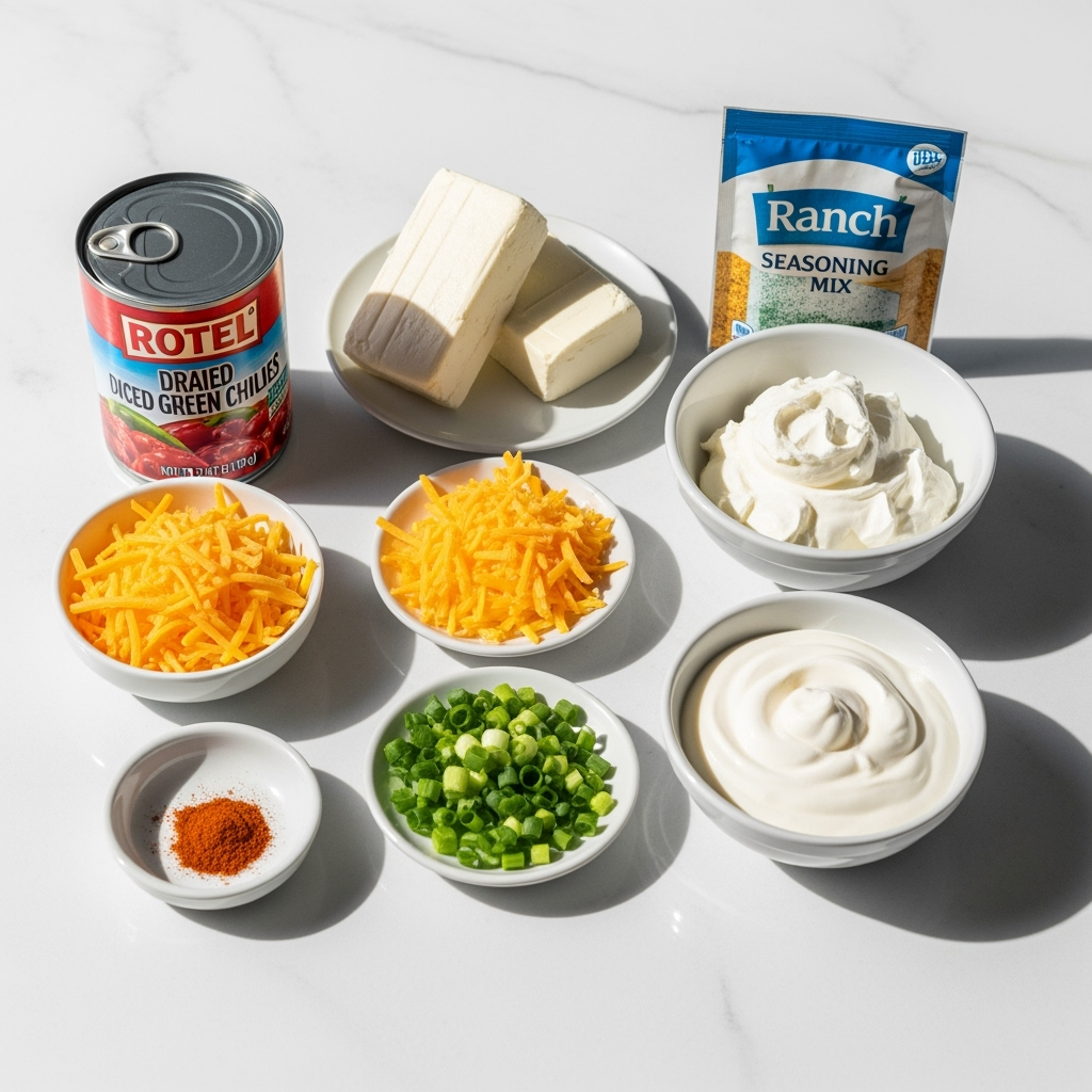 Rotel Ranch Dip ingredients arranged brightly with fresh, vibrant colors