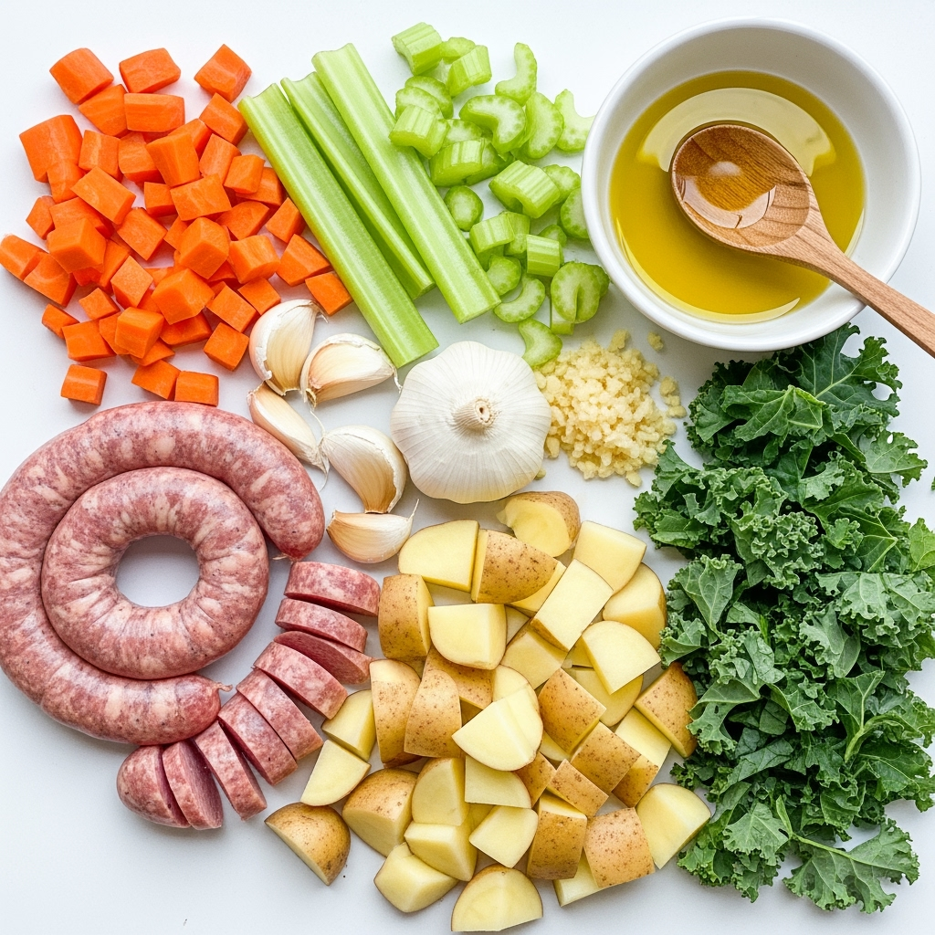 italian-sausage-potato-soup-ingredients Close-up raw Italian sausage and vegetables fresh ingredients soup recipe
