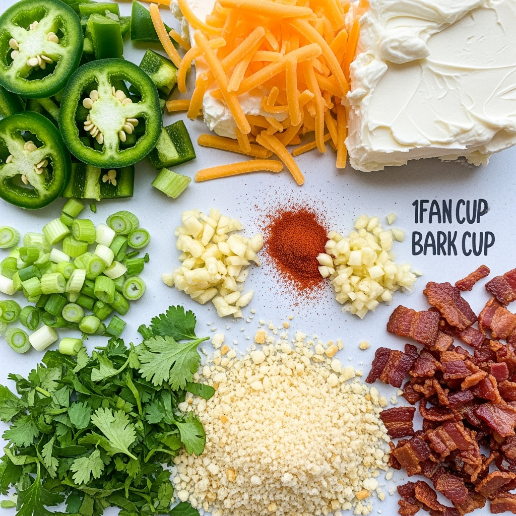jalapenos-green-onions-creamcheese-cheddar-bacon Fresh jalapeño cheese dip ingredients with creamy cheddar and smoky bacon