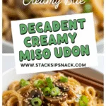 Creamy miso udon noodles bowl with vibrant garnishes and textures
