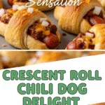 Crescent Roll Chili Dog Delight with flaky rolls, chili, cheddar cheese toppings