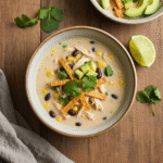 Velvety Chicken Tortilla Soup Delight 8 Creamy chicken tortilla soup with avocado and cilantro garnish.