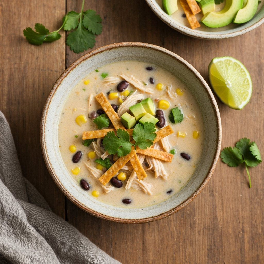 Creamy chicken tortilla soup with avocado and cilantro garnish.