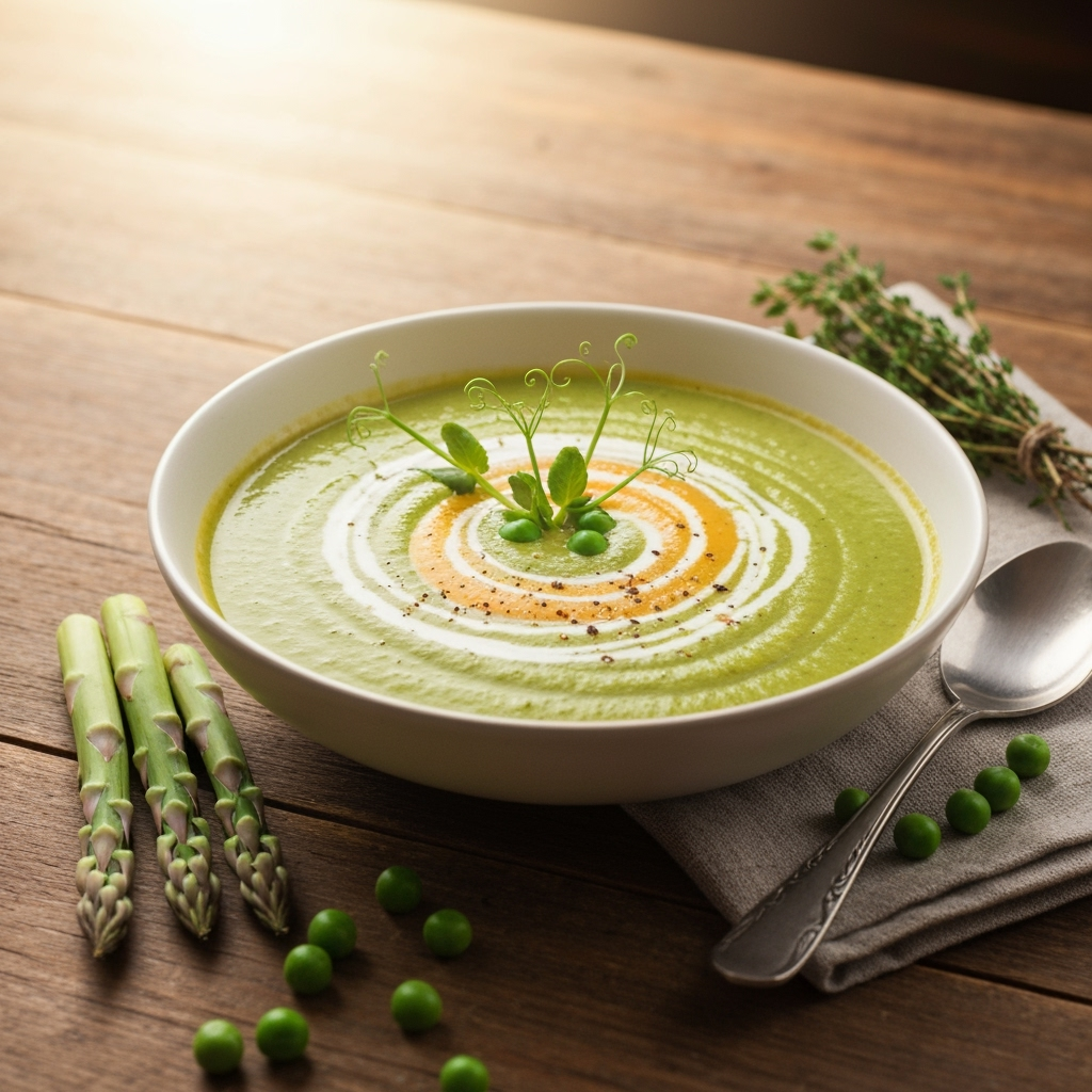 Creamy spring vegetable soup with asparagus and peas
