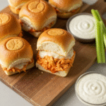 Buffalo Chicken Sliders 8 Buffalo chicken sliders with melted cheese and ranch.