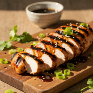 Juicy grilled teriyaki chicken breast sliced and garnished.