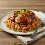 One-Pan Bold Honey BBQ Chicken Rice 8 One pan honey BBQ chicken rice with green onions