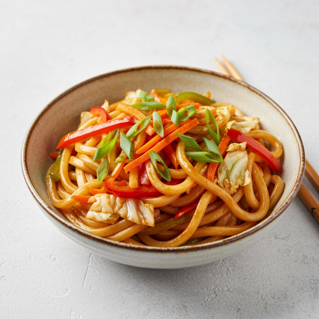 Savory Japanese yaki udon stir fry with colorful vegetables.