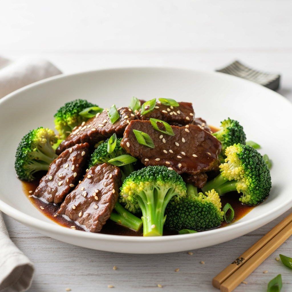 Chinese Beef and Broccoli recipe with glossy dark sauce.