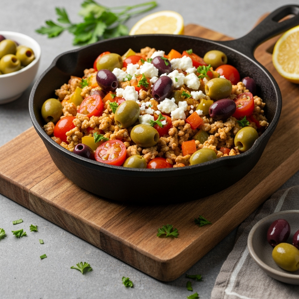 Mediterranean keto ground chicken skillet with olives and feta.