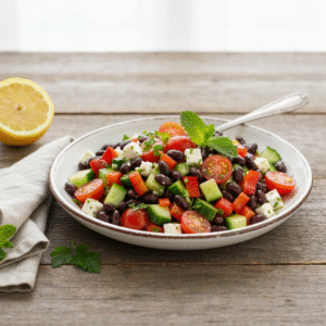 Mediterranean black bean salad with feta and fresh herbs.
