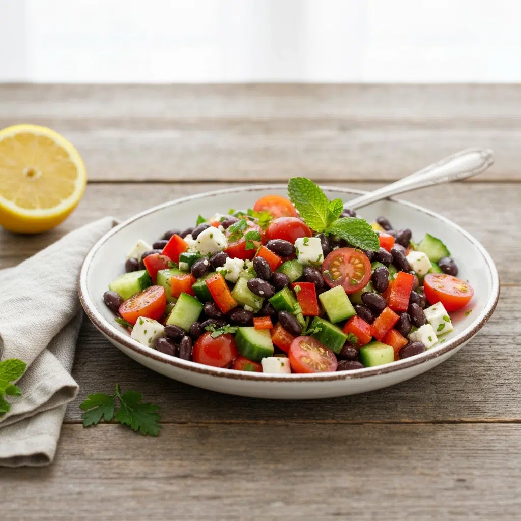 Mediterranean black bean salad with feta and fresh herbs.