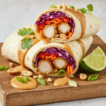 Thai Peanut Chicken Wraps 8 Thai peanut chicken wrap recipe with fresh vegetables and sauce.