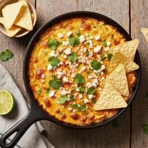 Creamy baked elote dip in a cast iron skillet.