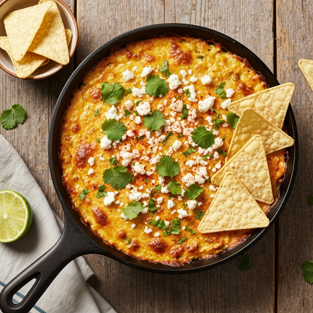 Creamy baked elote dip in a cast iron skillet.