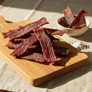 Homemade beef jerky on a rustic wooden cutting board.